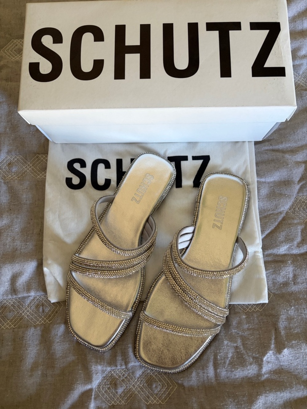 SCHUTZ Silver Metallic Slide Sandals with Crystal Straps